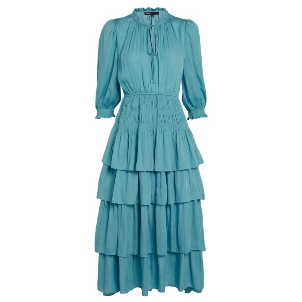 NWT Maje Radjinette Tied Neck Tiered Satin Midi Dress Bleus Clair Ruffle